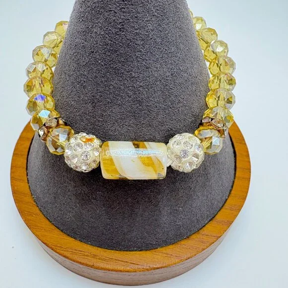 Gemstone Yellow Glass Bead White Crystal Rondel Stretch Bracelet Fashion One SZ - Picture 1 of 10
